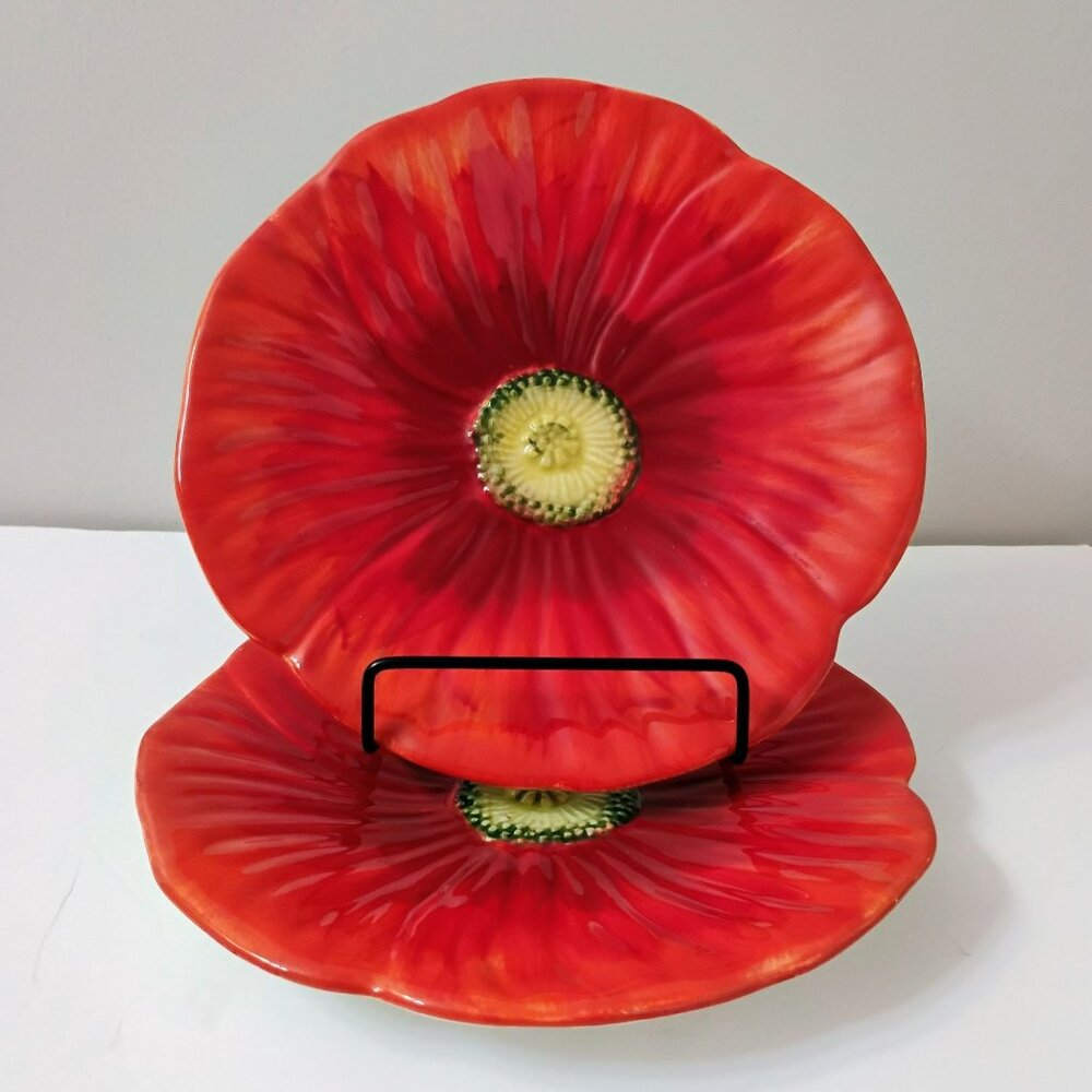 Maxcera Geranium Red Poppy Flower Shape Salad Plates, Set of 2, Ceramic 8"